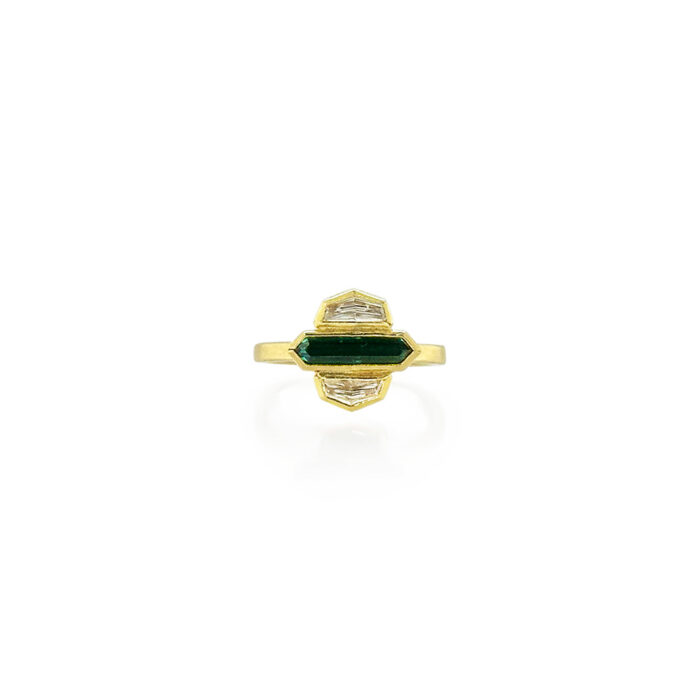 Green tourmaline in an East/West setting, flanked by diamonds, VVS E, .46 cttw, in 18k and 22k yellow gold. Ring is a size 6.75.
