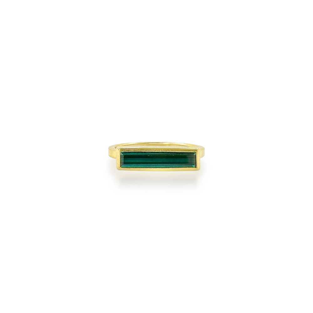 East/West rectangular blue tourmaline, 1.86 cts, set in 22k and 18k yellow gold. Ring is a size 6.75.