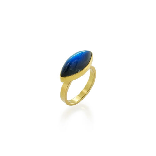 East/West marquise moonstone ring, in 18k and 22k yellow gold. Moonstone is 20 x 9mm and ring is a size 6.5.