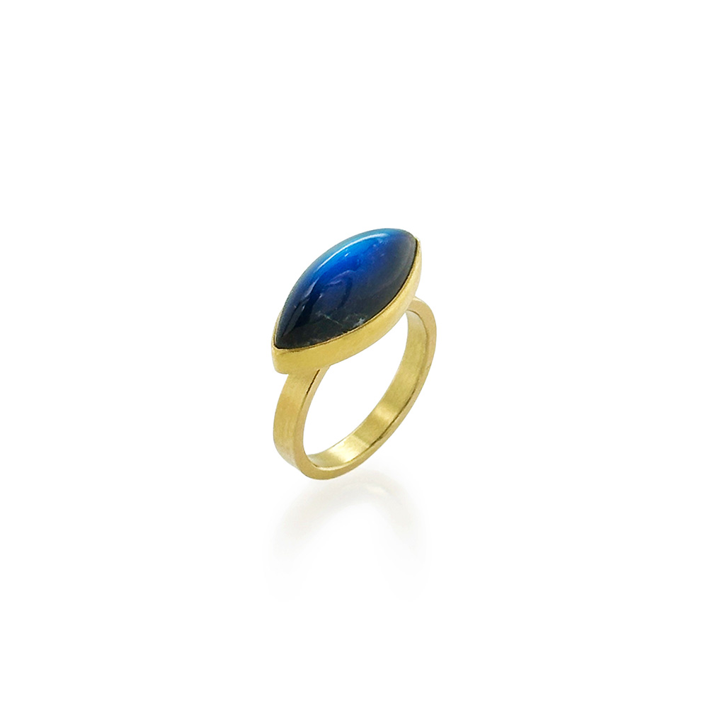 East/West marquise moonstone ring, in 18k and 22k yellow gold. Moonstone is 20 x 9mm and ring is a size 6.5.