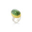 Oval cabochon green tourmaline set in 22k yellow gold and a sterling silver ring shank. Tourmaline is 17 x 22mm and ring is a size 7.