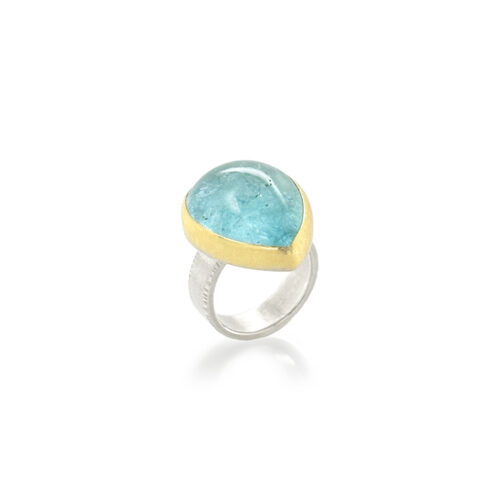 Tear-drop shaped cabochon aquamarine set in 22k yellow gold and a sterling silver ring shank. Aquamarine is 23 x 19mm and is a size 7.
