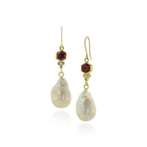 Hexagon-shaped rhodolite garnets with a diamond trillium accent set in 22k and 18k yellow gold with freshwater pearl drops on French wires.