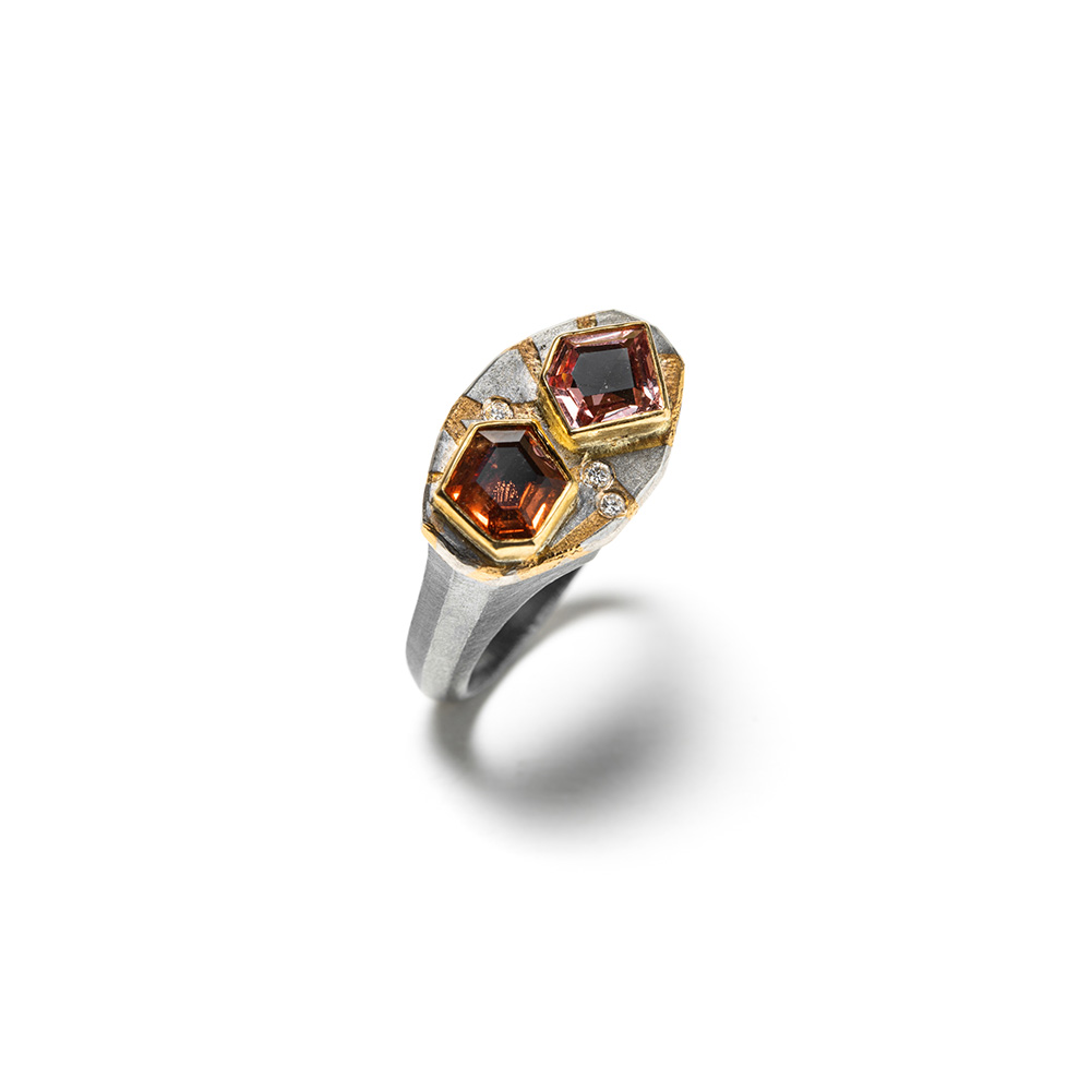 Double geometric, free-form faceted spinels, 1.86cttw, set in 22k and 18k yellow gold on an oxidized sterling silver band with vs white diamonds, 0.03cttw.