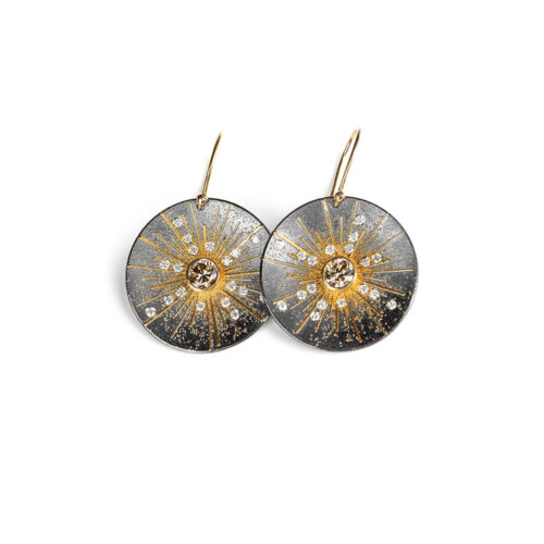 Oxidized sterling silver, 18k, 22k and 24k yellow gold earrings with natural light brown brillant cut diamonds, 1.19 cttw, and white (G) vs diamonds, 0.36 cttw. Earrings are 1 5/8" long x 1" diameter (41 x 25mm).