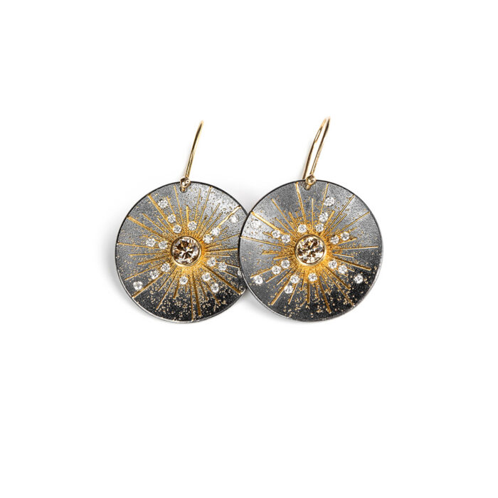 Oxidized sterling silver, 18k, 22k and 24k yellow gold earrings with natural light brown brillant cut diamonds, 1.19 cttw, and white (G) vs diamonds, 0.36 cttw. Earrings are 1 5/8" long x 1" diameter (41 x 25mm).