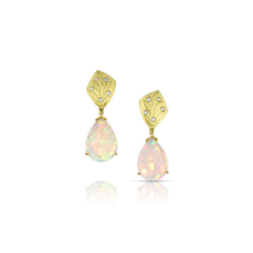 Pear-shaped Ethiopian opal drops, 7.23 cttw, hanging from 18k yellow gold flower post earrings with surface set diamonds, .05 cttw. Earrings are 34mm long x 11 mm wide (1.3" x .43").