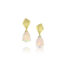 Pear-shaped Ethiopian opal drops, 7.23 cttw, hanging from 18k yellow gold flower post earrings with surface set diamonds, .05 cttw. Earrings are 34mm long x 11 mm wide (1.3" x .43").