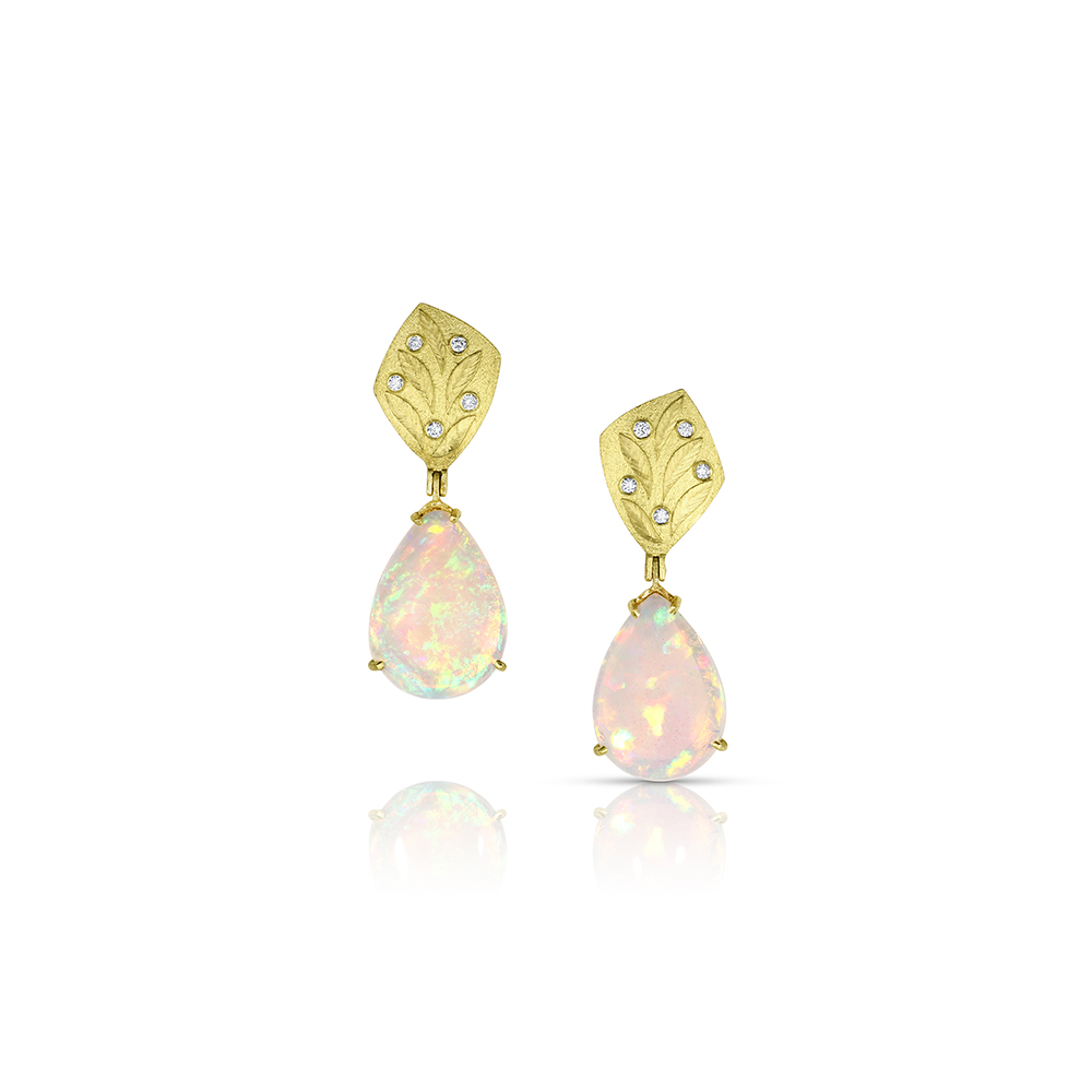 Pear-shaped Ethiopian opal drops, 7.23 cttw, hanging from 18k yellow gold flower post earrings with surface set diamonds, .05 cttw. Earrings are 34mm long x 11 mm wide (1.3" x .43").