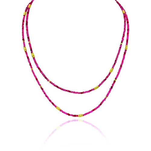 34" long multi-wrap ruby, 6.94 cttw, and red spinel, 25.48 cttw, beaded bracelet with gold beads. Bracelet has a lobster clasp and a 2" extension.