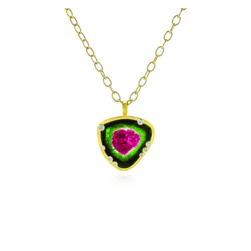 Watermelon tourmaline pendant, 13.62 cts, set in 18k yellow gold with eight scattered diamonds on bezel, 0.12 cttw. Pendant is 1" long x 7/8" wide (26 x 22mm) on a 18k yellow gold 17" long twisted wire cable chain.
