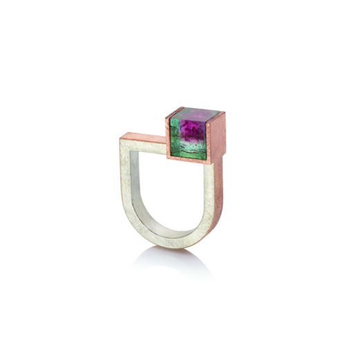 18k rose gold and sterling silver U-shaped ring with a watermelon tourmaline cube, 8mm. Ring is a size 7.75.