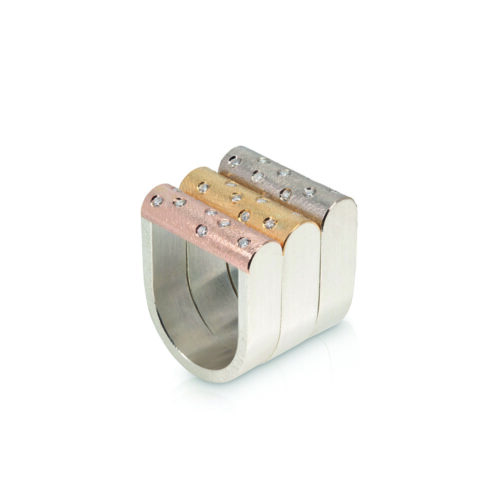 18ct Rose, White, Yellow Gold and Silver Round House Ring with Diamonds Set