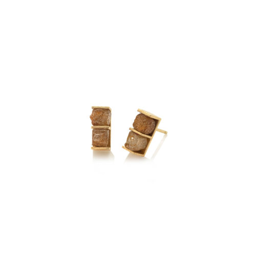 18k yellow gold earrings with double natural rough diamond cubes, 1.70cttw, on posts. Diamond cubes are 3.5mm and earrings are 3/8" x 1/8" (10 x 3mm).