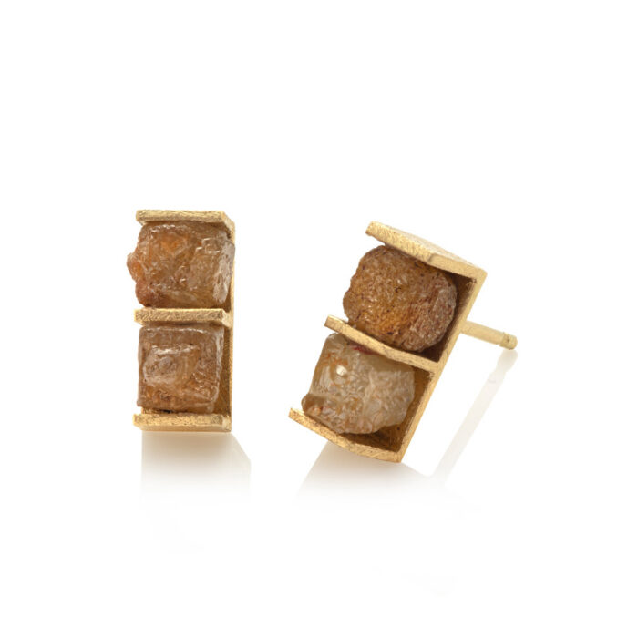 18k yellow gold earrings with double natural rough diamond cubes, 1.70cttw, on posts. Diamond cubes are 3.5mm and earrings are 3/8" x 1/8" (10 x 3mm).