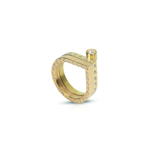 18ct Yellow Gold One Angle Ring with Round Right & Top Row and Side Row Diamonds Pair