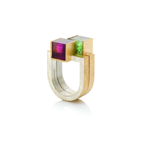 18ct Yellow Gold and Silver D Ring with Cube Pink & Green Tourmaline Set