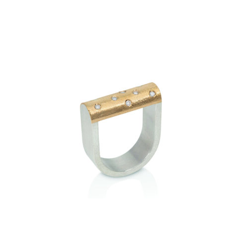 Half dome ring in 22k yellow gold and sterling silver U-shaped ring shank with flush set diamonds, 0.13cttw. Ring is a size 7.75 and diamonds are 1.5mm in diameter.