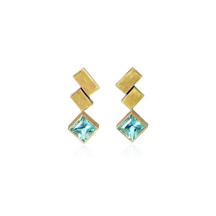 22ct & 18ct Gold and Silver Earrings with Gold Bars & Square Aquamarine