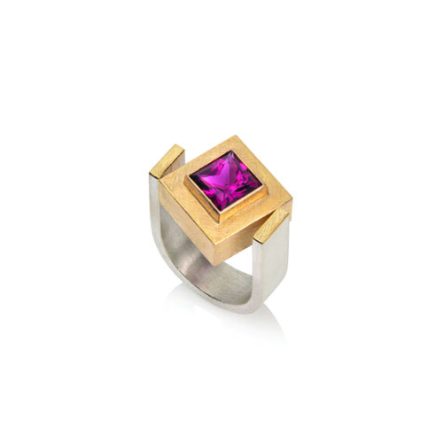 22k gold and sterling silver ring with an offset square rubellite tourmaline, 2.70 cts, in a U-shaped ring shank. Ring is a size 7.75 and rubellite is 8x8mm.