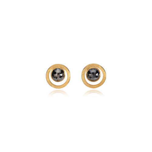 24k yellow gold and sterling silver earrings with round rose-cut black diamonds, 7mm, 3.16 cttw, framed with a larger circle with post backs.