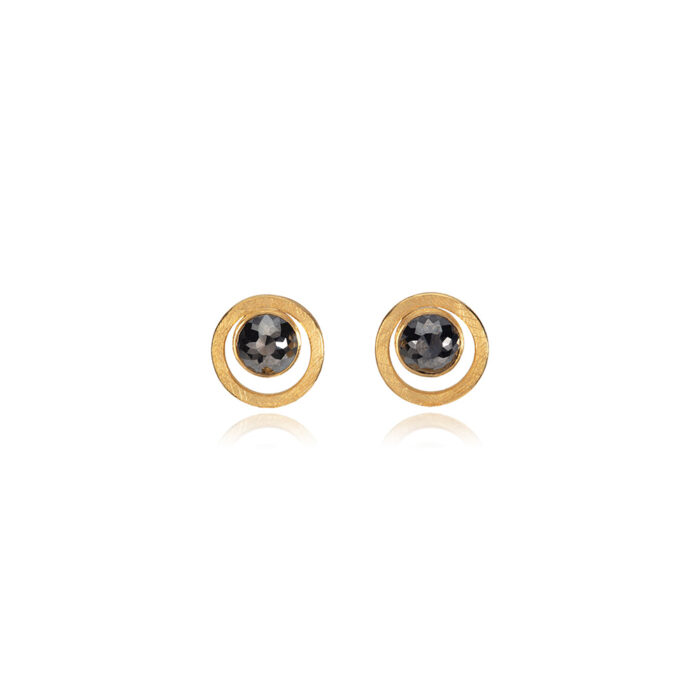 24k yellow gold and sterling silver earrings with round rose-cut black diamonds, 7mm, 3.16 cttw, framed with a larger circle with post backs.