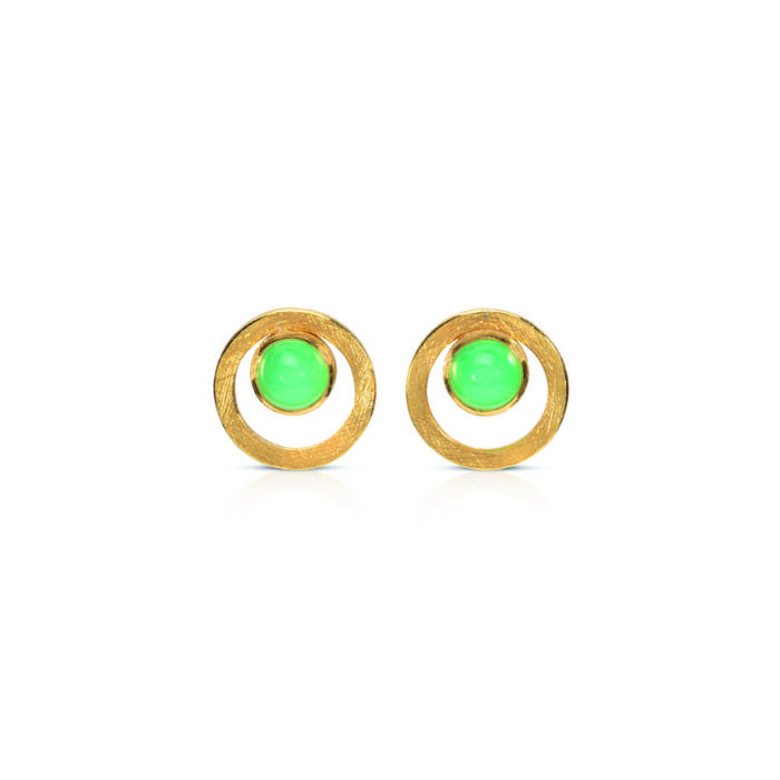 24k yellow gold and sterling silver earrings with round cabochon chrysoprase, 6mm, framed with a larger circle, on post backs.