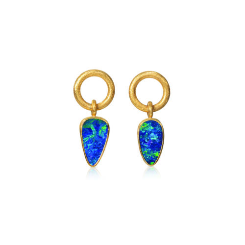 24k yellow gold and sterling silver earrings with free-form rectangular Boulder Opal drops on open circles with post backs.