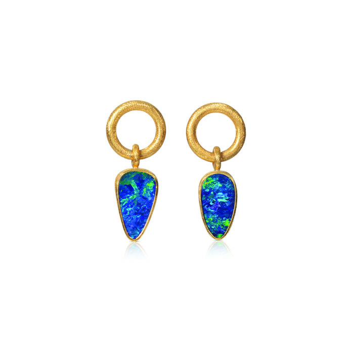 24k yellow gold and sterling silver earrings with free-form rectangular Boulder Opal drops on open circles with post backs.