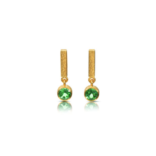 24k yellow gold and sterling silver earrings with AAA quality round green tourmaline drops, 5.5mm, 1.30 cttw, on vertical rectangle bar tops with post backs.