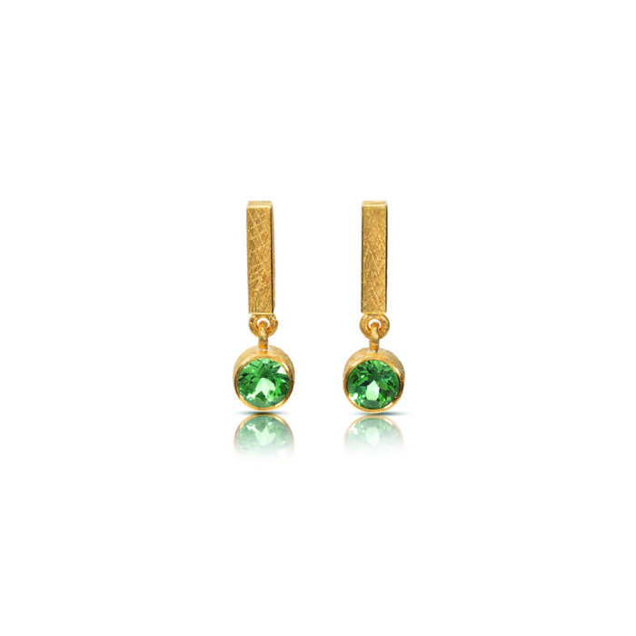 24k yellow gold and sterling silver earrings with AAA quality round green tourmaline drops, 5.5mm, 1.30 cttw, on vertical rectangle bar tops with post backs.