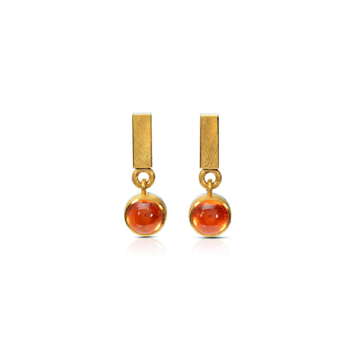 24k yellow gold and sterling silver earrings with round mandarin garnet drops, 7.29cttw, 8mm, and vertical rectangular bar tops with post backs.