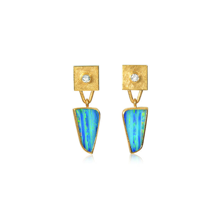 24k yellow gold and sterling silver earrings with round diamonds, 0.24cttw, on a square post-back tops with triangular Australian Boulder Opal drops (16x8mm).
