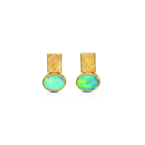 24k yellow gold and sterling silver East/West earrings with oval Australian Boulder opals, 9x7mm, on rectangular gold bars with post-backs.