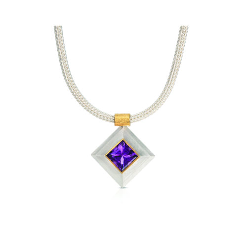 24k yellow gold and sterling silver step bezel pendant with a square amethyst, 9x9mm 3.48 cts. Pendant is on a woven sterling silver chain.