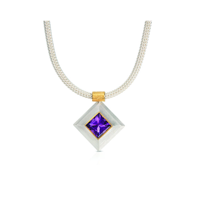 24k yellow gold and sterling silver step bezel pendant with a square amethyst, 9x9mm 3.48 cts. Pendant is on a woven sterling silver chain.