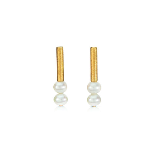 24k yellow gold and sterling silver vertical tube earrings with freshwater pearls, 5-6.5 mm diameter and post backs.