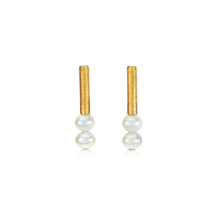 24k yellow gold and sterling silver vertical tube earrings with freshwater pearls, 5-6.5 mm diameter and post backs.