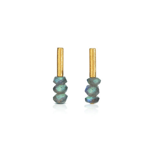 24k yellow gold and sterling silver vertical tube earrings with post backs and faceted labradorite beads.