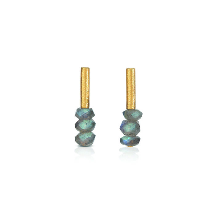 24k yellow gold and sterling silver vertical tube earrings with post backs and faceted labradorite beads.