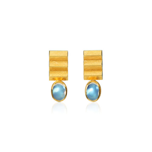 24k yellow gold and sterling silver retangular "rooftop" earrings with oval cabochon moonstones (8.5x6mm) and post backs.