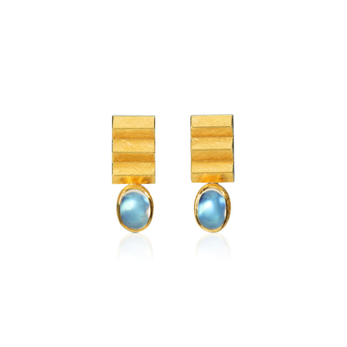 24k yellow gold and sterling silver retangular "rooftop" earrings with oval cabochon moonstones (8.5x6mm) and post backs.