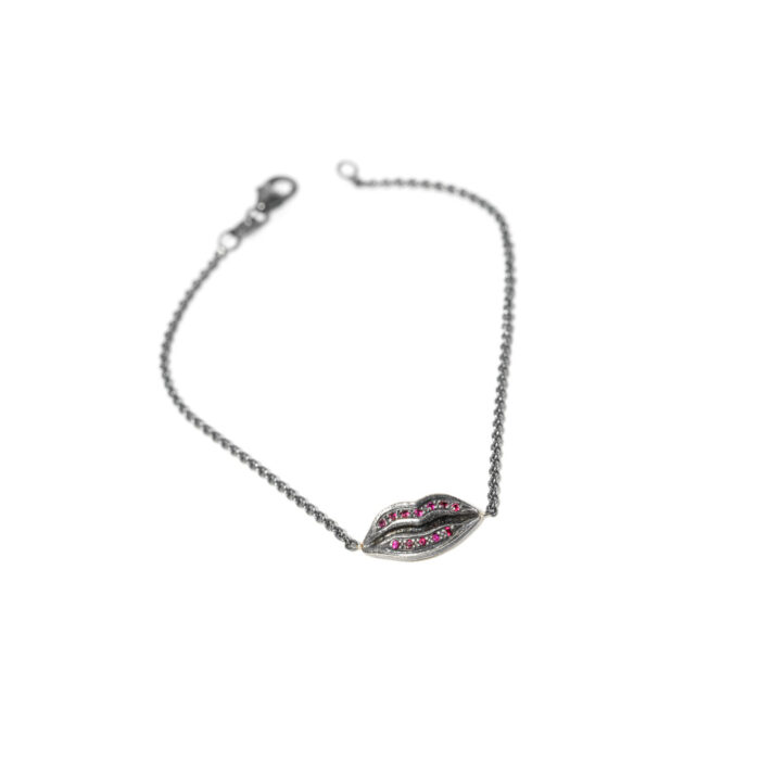 Oxidized sterling silver "Lips" bracelet, rubies; length 7.1" long. Lips are 5/8" x 5/16" (15 x 7mm).
