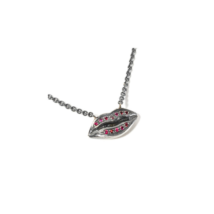 "Lips" necklace in oxidized sterling silver, rubies; length 16.5". Lips are 5/8" x 5/16" (15 x 7mm).