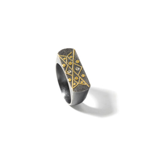 Tribal Ring #2 in oxidized sterling silver, 24k yellow gold, vs white (G) diamonds, 0.02cttw. Ring is 3/8" wide (10mm) and is a size 10.25