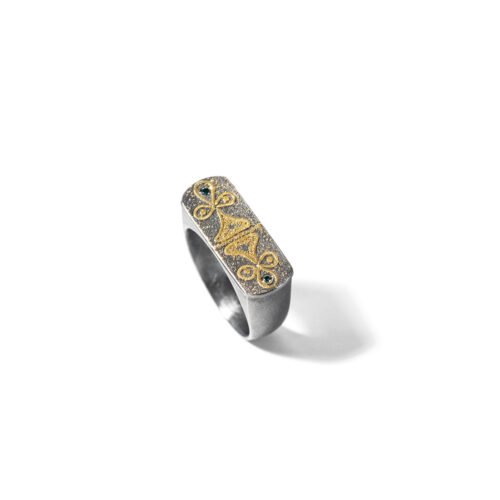Tribal ring #3 in oxidized sterling silver, 24k yellow gold, blue diamonds, 0.02cttw. Ring is 3/8" wide (10mm) and is a size 10.25.