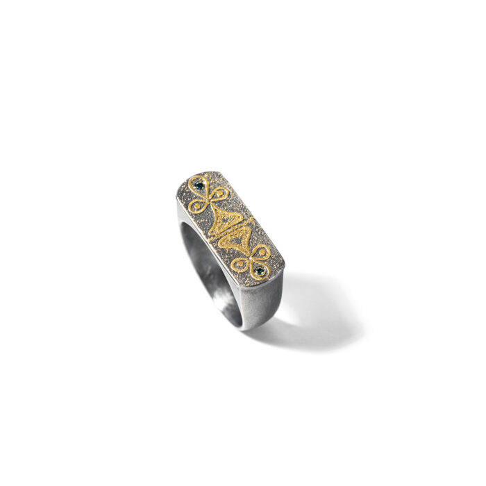 Tribal ring #3 in oxidized sterling silver, 24k yellow gold, blue diamonds, 0.02cttw. Ring is 3/8" wide (10mm) and is a size 10.25.