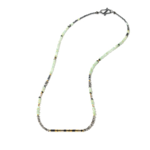 Green, grey and brown diamond necklace, 13.58cttw, with oxidized sterling silver, 24K gold, 18k gold beads, length 16.9 inches.