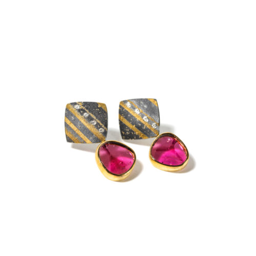 Oxidized sterling silver earrings with 18k, 22k & 24K yellow gold with pink zoned tourmalines, 9.75cttw, set in 22k with white (G) vs diamonds, 0.08cttw, with post backs. Earrings are 1 1/4" L x 11/16" W (32 x 18mm).