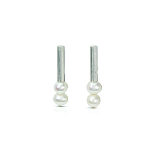 Sterling silver vertical tube earrings with freshwater pearls, 5-6.5mm diameter, and a 24k yellow gold rivet.